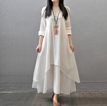 2024 cross-border spring and autumn new literary and artistic leisure loose women's clothing fake two-piece long skirt big swing linen long-sleeved dress