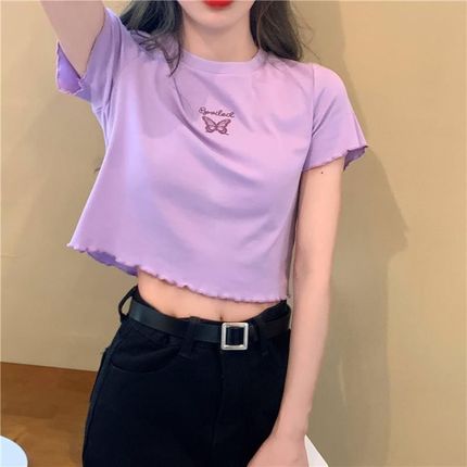 Summer short fitted T-shirt, high waist, with embroidery, with short sleeve