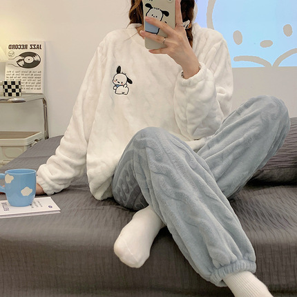 Winter coral velvet fleece pijama, cute flannel set, increased thickness, long sleeve, loose fit