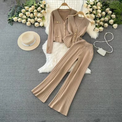 Set, long-sleeve, knitted pin, jacket, vest, trousers, Korean style, V-neckline, 3 piece set, high waist, loose straight fit