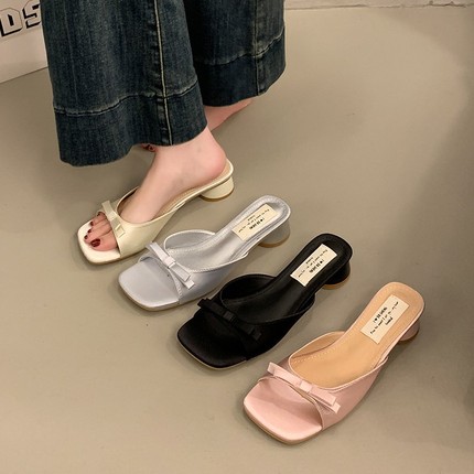 Summer slippers, footwear, slide with bow high heels, french style
