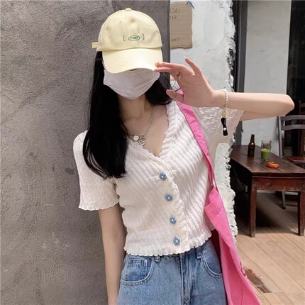 Knitted top, summer short sleeve T-shirt, short long-sleeve