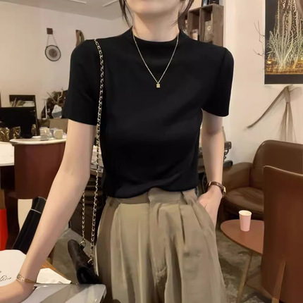 Knitted sweater, summer thin advanced short sleeve T-shirt, fitted top, high collar, high-end, western style