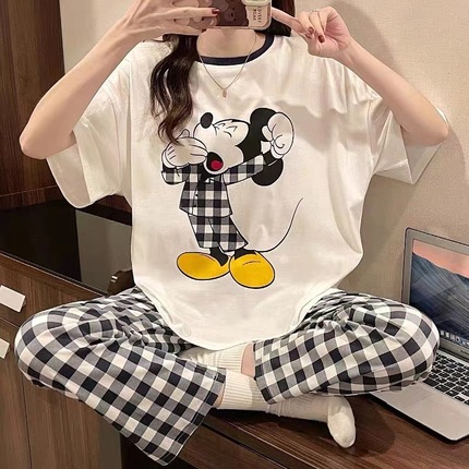 Pijama, demi-season cute thin trousers, cartoon set, with short sleeve, Korean style, loose fit, plus size