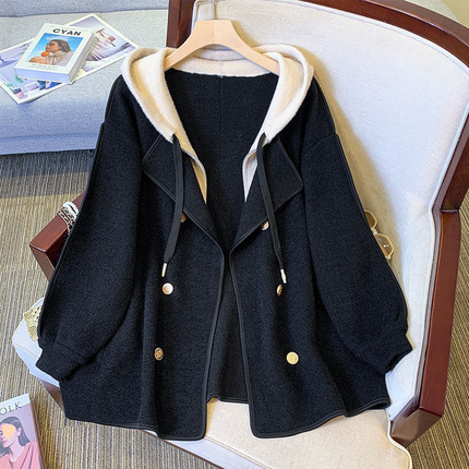 New double-sided two-piece hooded wool coat, plus size, autumn and winter, stylish and slimming cardigan, wool coat.