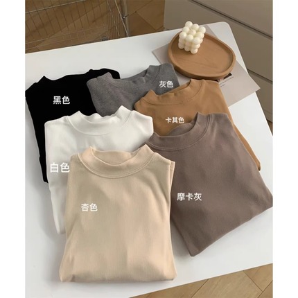 Demi-season long-sleeve, white fleece T-shirt, colored top, long sleeve