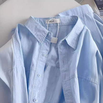 Summer blue shirt, long-sleeve, plus size, fitted