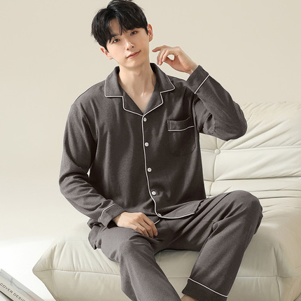 Men's cotton autumn pijama, long-sleeve, quality set for leisure, 100% cotton, simple and elegant design