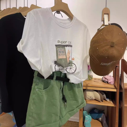 复古港味猫咪印花短袖T恤女2024夏宽松百搭圆领显瘦雪花棉上衣11