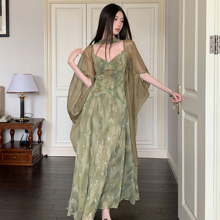 Sexy shiffon set, long slip dress, light and thin cardigan, V-neckline