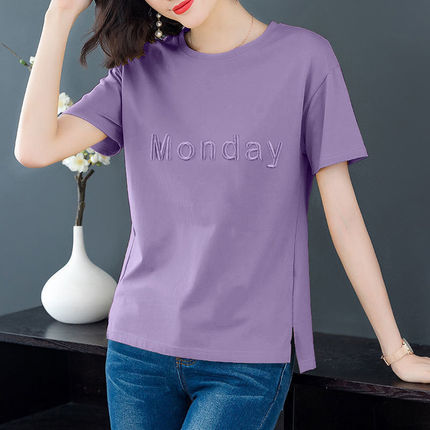 Summer short sleeve T-shirt for mother, Korean style, oversize, plus size, fitted, with embroidery