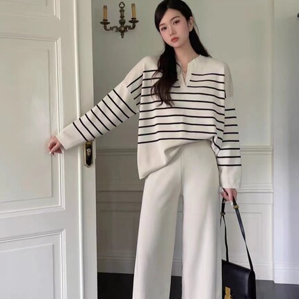 Set, knitted trousers, Korean style, high waist